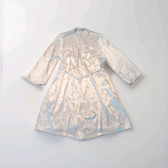 Oscar de la Renta Pink Label Satin Nightgown Robe Medium Beige Floral Midi - Picture 1 of 7